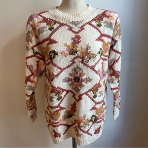 Vintage 1980s Forenza Knit Sweater Cotton Ramie Oversized Floral Cream Medium